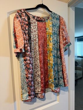 Anthropology-Daniel Rainn Teal, Mustard & Coral Patchwork beaded Blouse